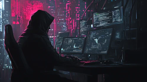 Midnight code phantom in neon-soaked cyber city glow.