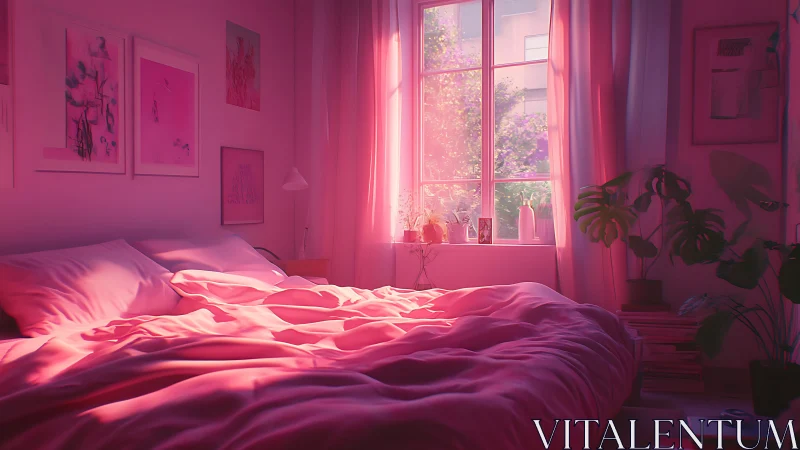 Sunlit pink bedroom interior glows through large window