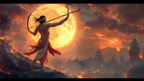 Warrior archer silhouetted against burning full moon.