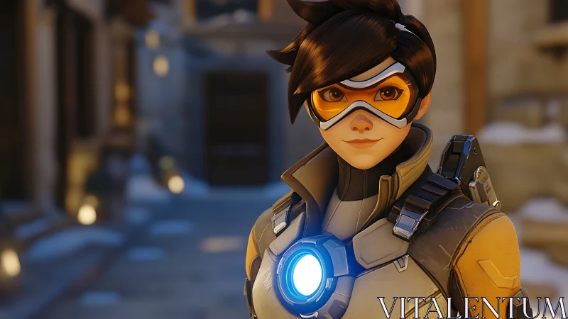 Sci fi heroine stands in glowing armor on a winter street