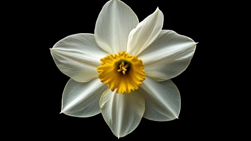White daffodil unfolds against deep black negative space.