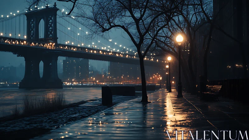 Rain-soaked riverside promenade reflects bridge lights at blue hour