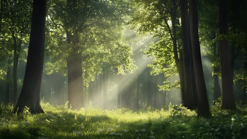 Sunlit Forest Glade with Towering Trees.