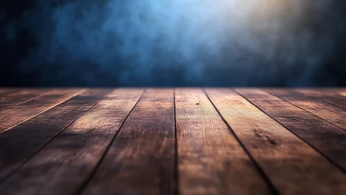 Rustic wood floor extends toward soft blue studio backdrop