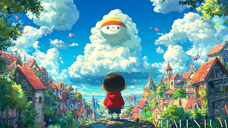 Boy in red hoodie greeting a smiling cloud over storybook town.