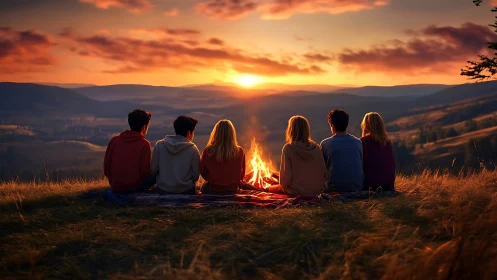 Backlit friends encircle a campfire against layered sunset hills