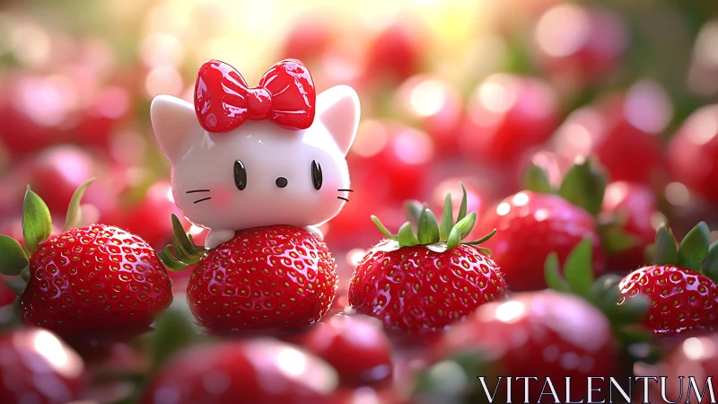 Cute white cat figurine rests among glossy ripe strawberries.