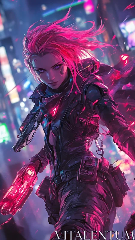 Neon-haired cyber warrior strides through a glowing night city