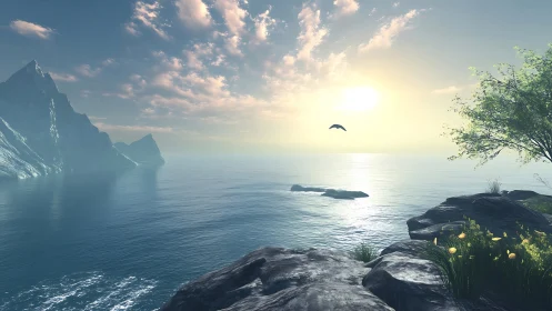 Cliff-Framed Seascape with Golden Hour Aerial Composition.