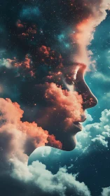 Nebula silhouette merges human profile with glowing cosmos.