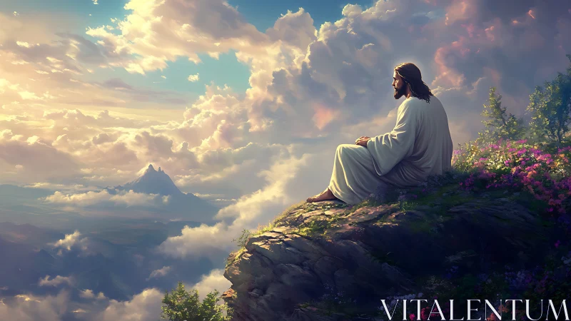 Solitary robed figure contemplates sunlit mountains and clouds.