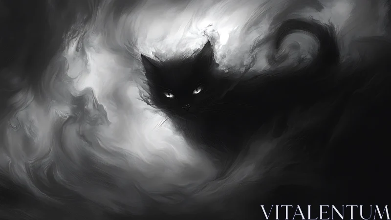 Midnight phantom cat glides through swirling silver fog