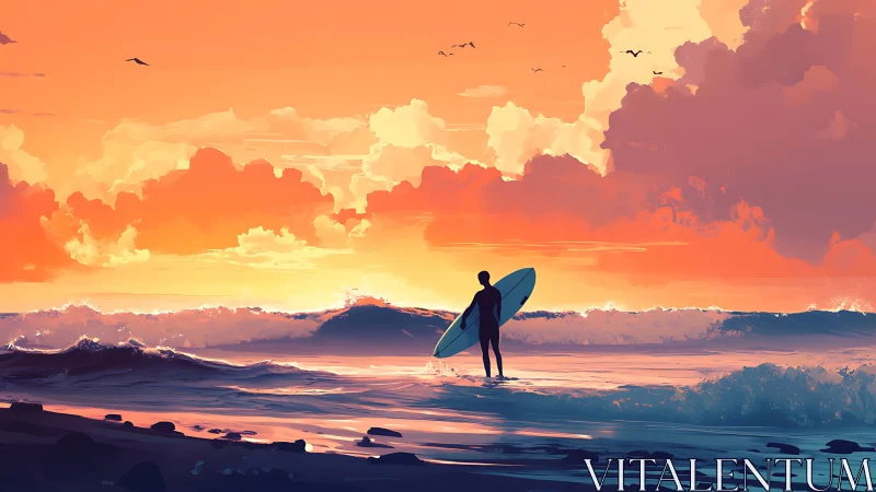 Surfer contemplates glowing sunset surf beneath vivid clouds.