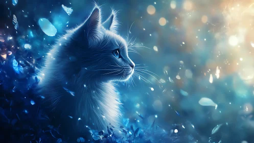 Luminescent cat rendered in digital illustration with magical particle effects