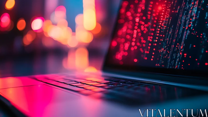 Laptop keyboard and code display with blurred neon lights.