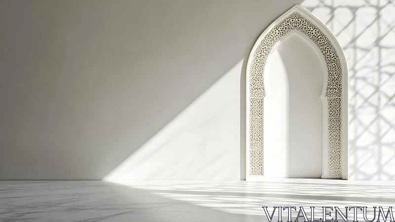 Sunlit arabesque arch casting lacework shadows in white.