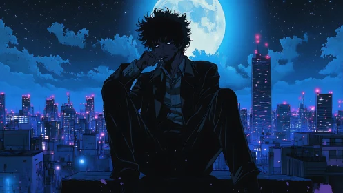 Midnight thinker perches above neon towers and swollen moon