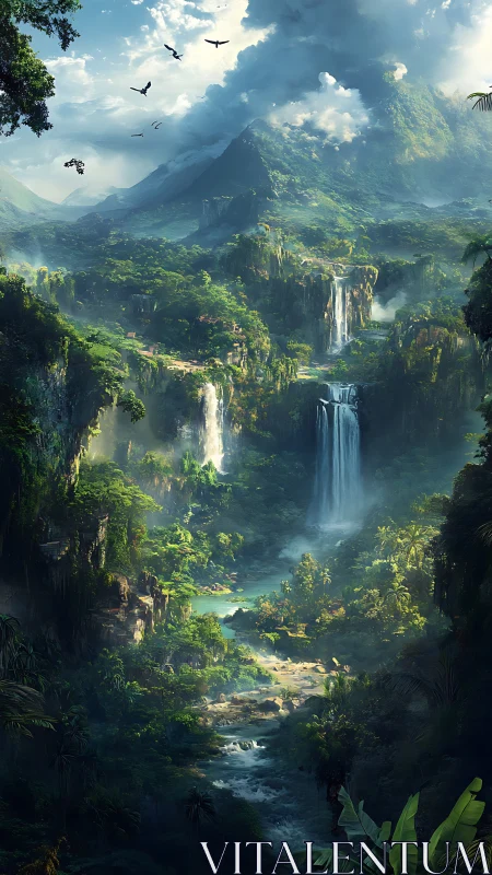 Verdant skyfall valley where emerald jungles breathe.