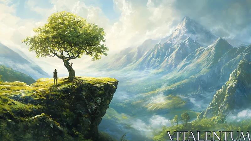 Solitary dreamer beneath luminous tree on misty cliff edge.