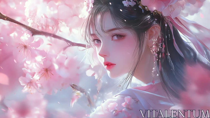 Blossom-kissed gaze beneath soft drifting sakura petals.