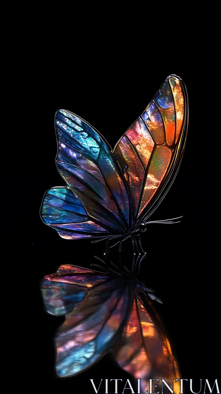 Iridescent glass butterfly sculpture over mirrored black field