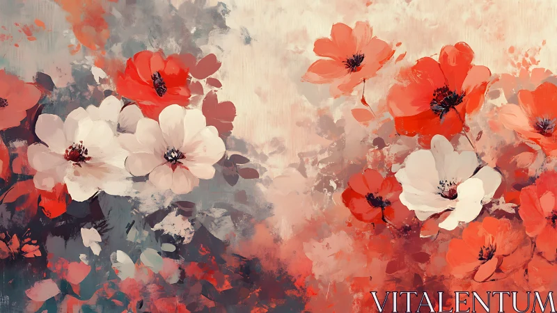 Crimson poppies and pale blooms waltz through misty color swirls