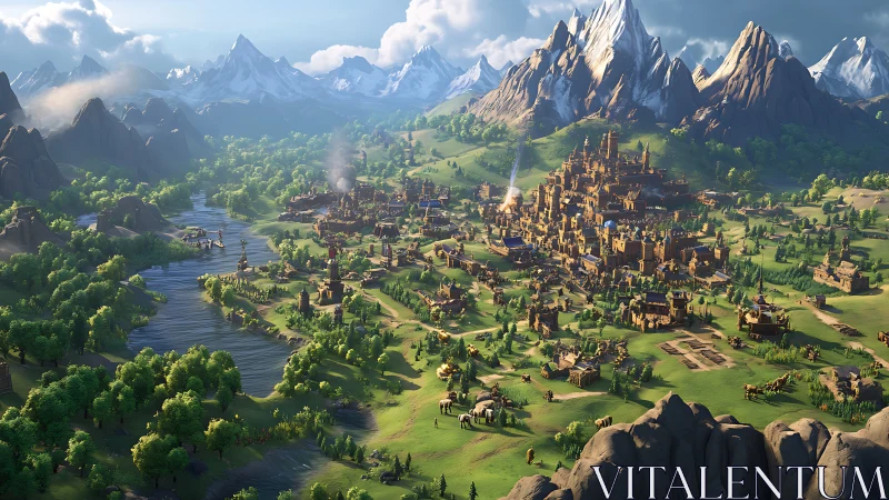 Sunlit fantasy kingdom nestles by a winding river valley