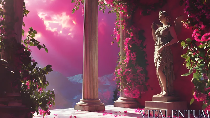 Winged marble statue in pink sunset neoclassical terrace.