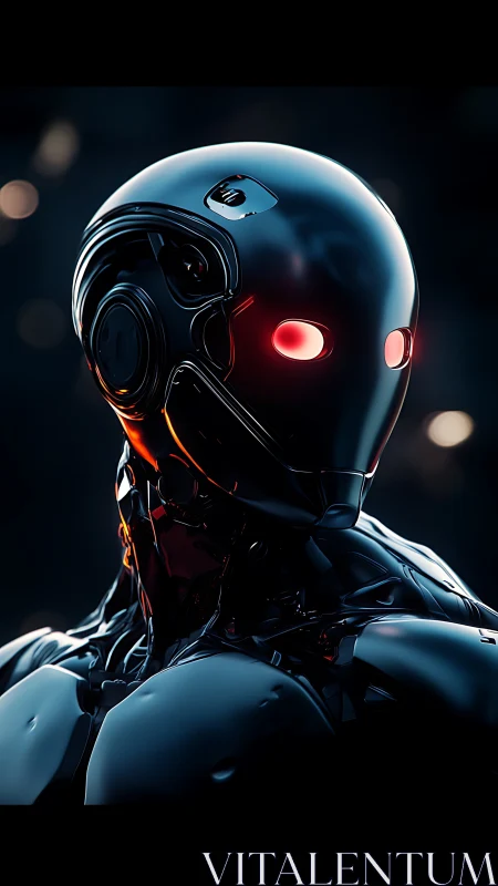 Specular black combat android with emissive red optical cores.