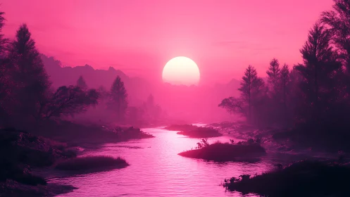 Neon magenta river valley reflects low digital sun perfectly