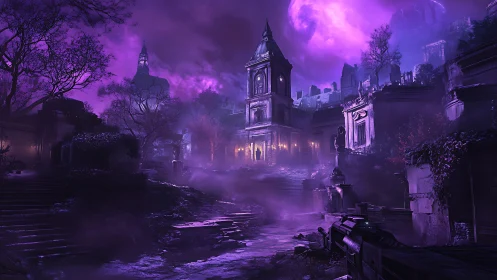 Gothic courtyard ruin under magenta volumetric moonlight haze