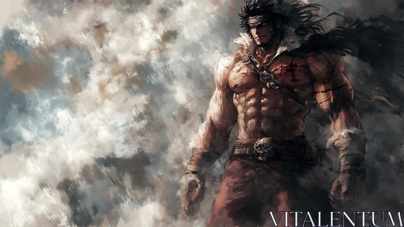 Battle-scarred warrior emerges from stormy painterly haze