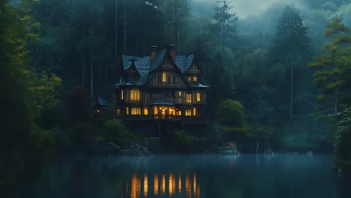 Lakefront woodland manor glows warmly in blue twilight.