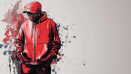 Cool streetwear figure in bold red hoodie and cap art.