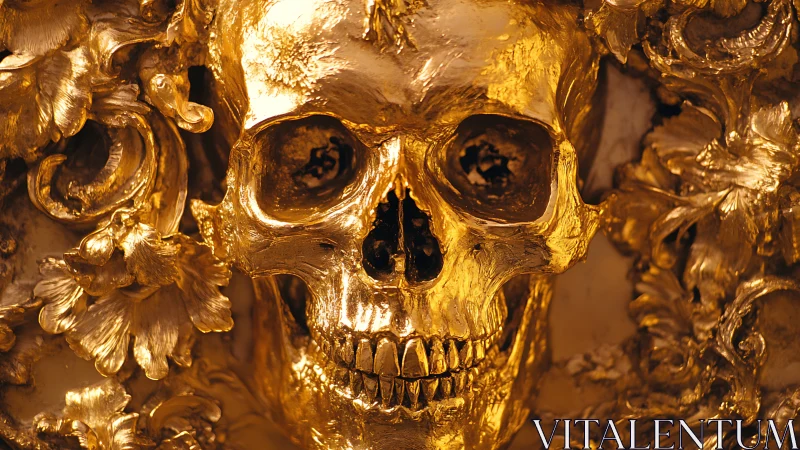 Gilded skull grins amid baroque swirls of molten gold