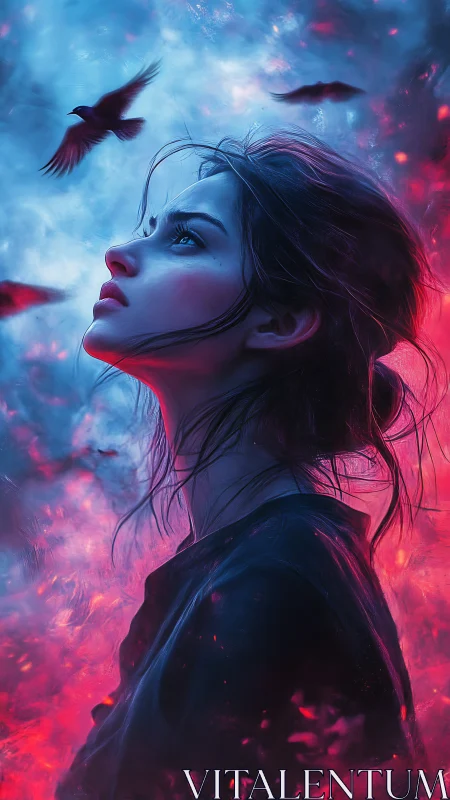 Dreamlit girl gazes upward as crimson and blue skies swirl