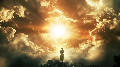 Backlit robed figure beneath radiant sunburst through clouds
