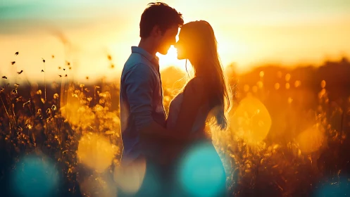 Golden hour embrace: two silhouettes kiss amid wildflower fields.