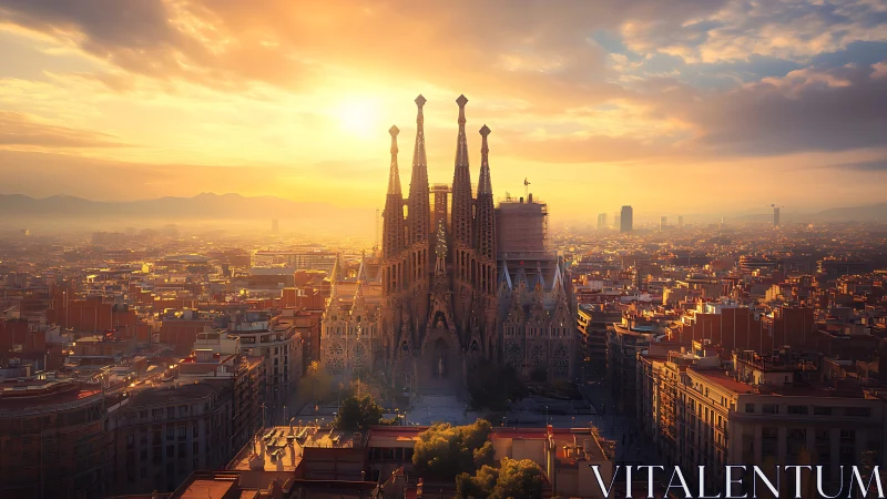 Sunlit cathedral above dense Barcelona cityscape at dusk.