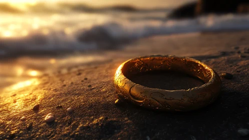 Golden ring on wet beach sand at soft sunset light.