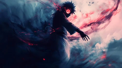 Dark robed figure with glowing red eye in swirling mist