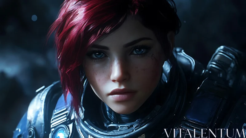 Red haired female soldier stares forward in sci fi armor