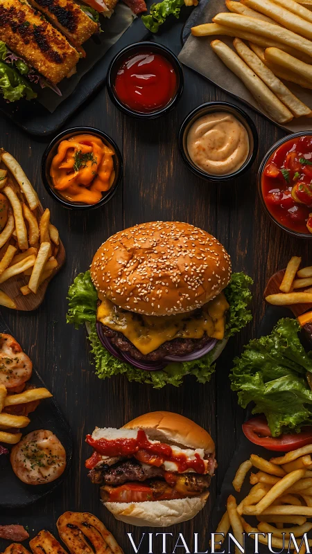 Gourmet cheeseburger platter with fries and dipping sauces.
