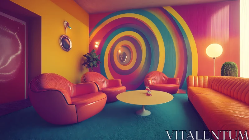 Retro lounge interior with vibrant concentric rainbow wall