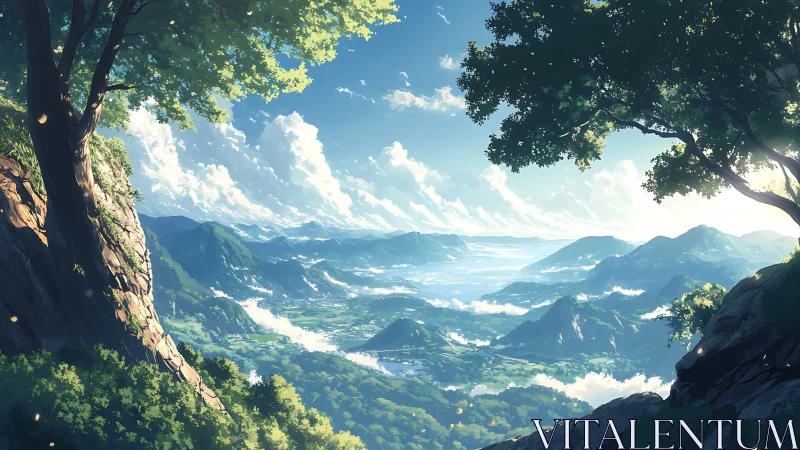 Highland daydream valley framed by sunlit cliffside trees.