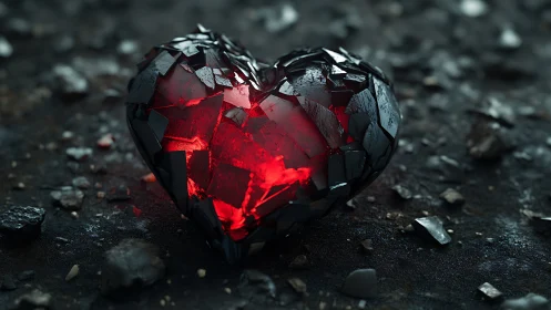 Crystalline heart form with internal red luminescence on dark surface
