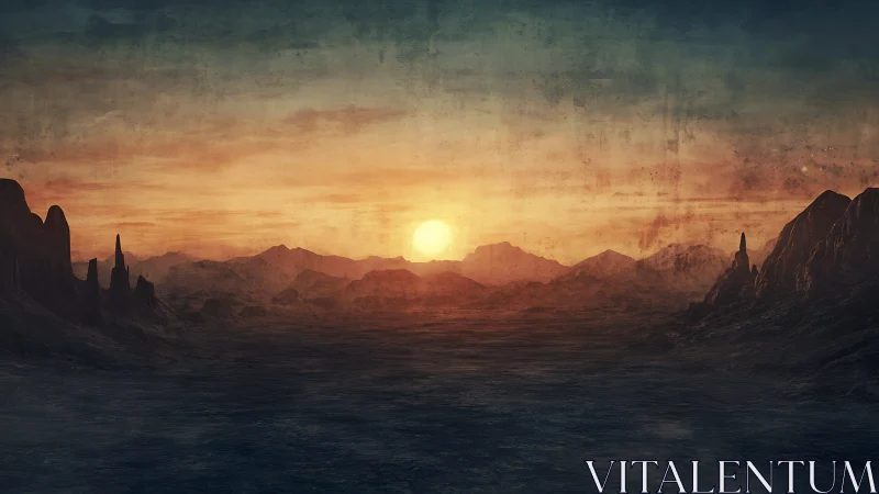 Desolate alien valley under burning sunset sky glow.