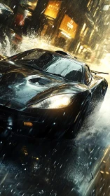 Supercar night sprint through rain soaked neon city streets.