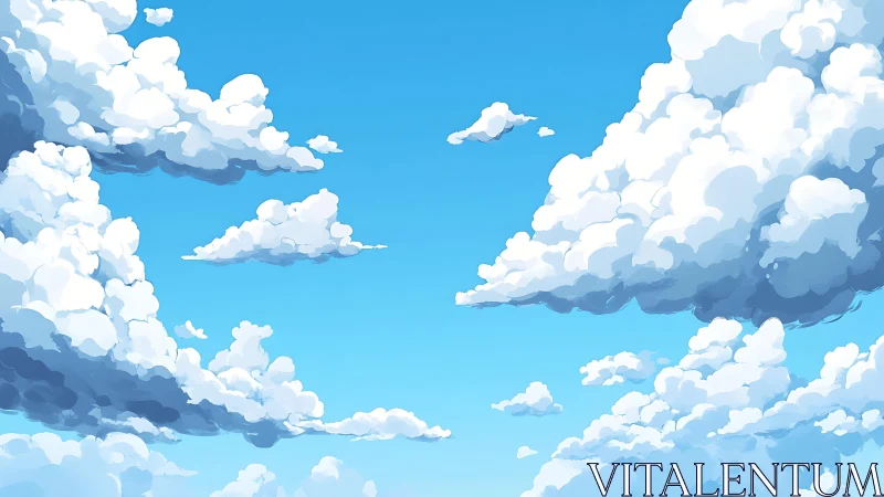 Bright blue sky with layered fluffy white cloud formations.