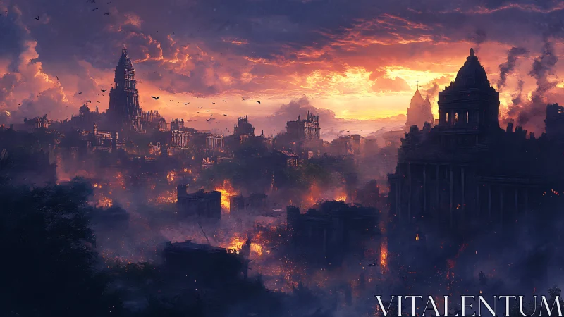 Burning ruined city skyline under dramatic sunset sky